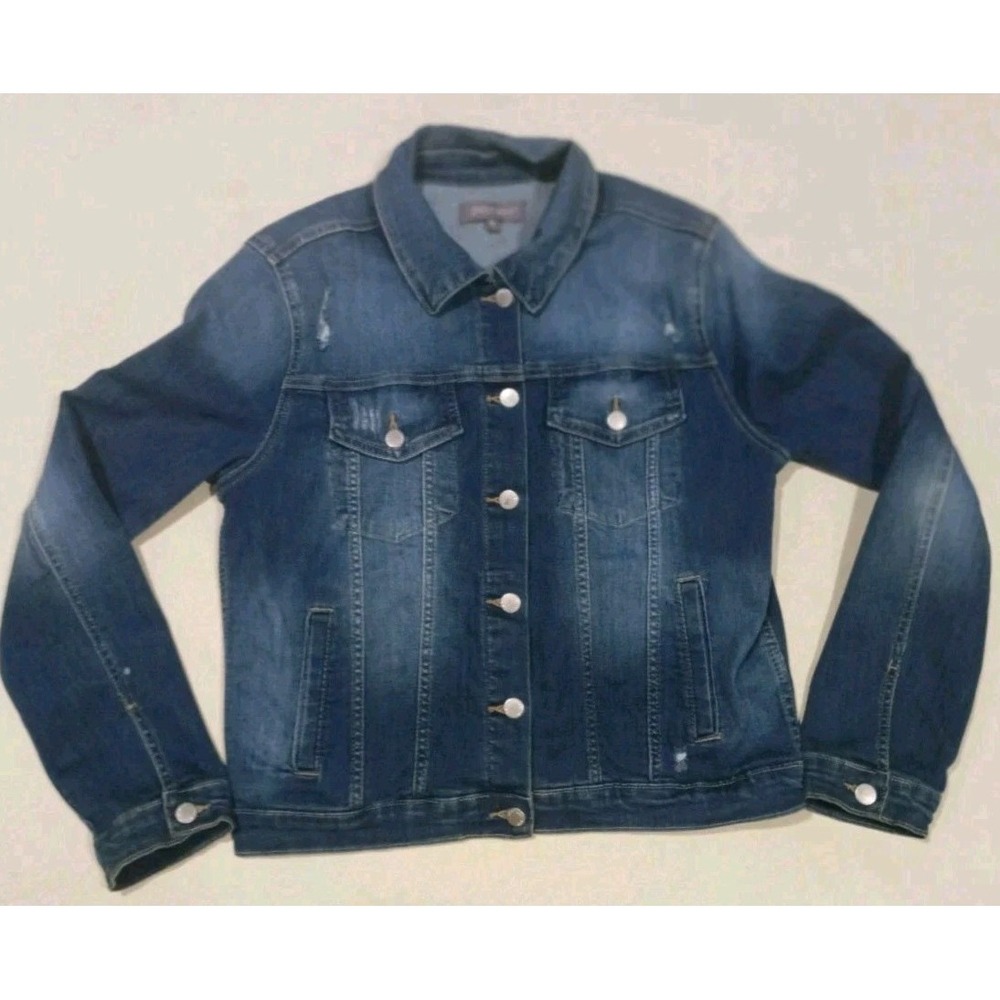 Just USA Women XL Blue Stretch Denim Trucker Jean Jacket Distressed Button Up